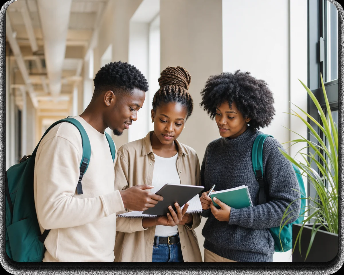 Three students collaborating with a tablet and notebook