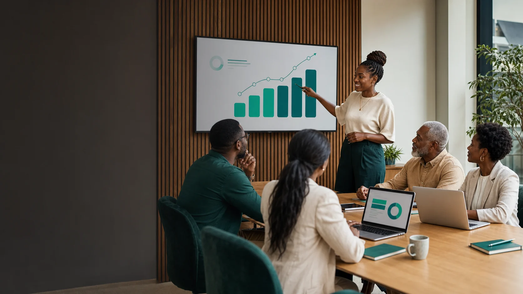 Professionals in a meeting reviewing a presentation