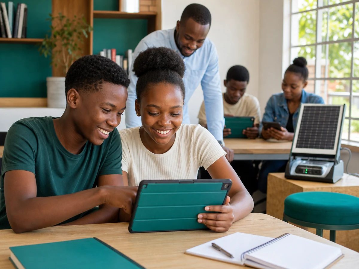 Students learning together with a tablet